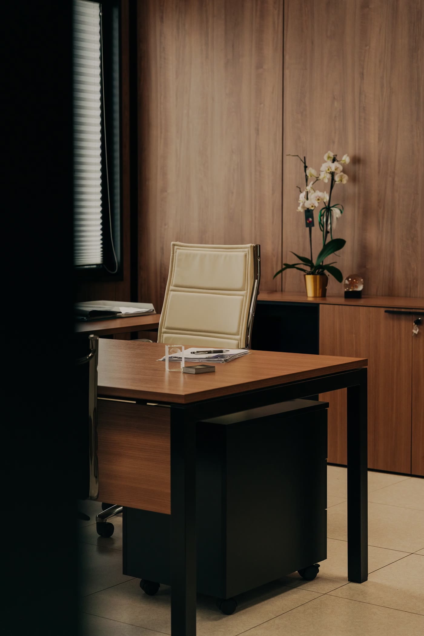 An executive office in warm light